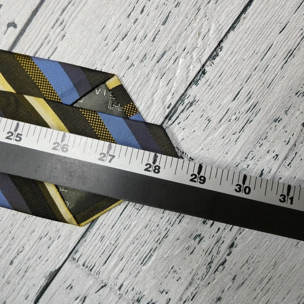 Foggia Tie Mens One Size Brown Blue Yellow Striped 100% Silk Handmade Woven